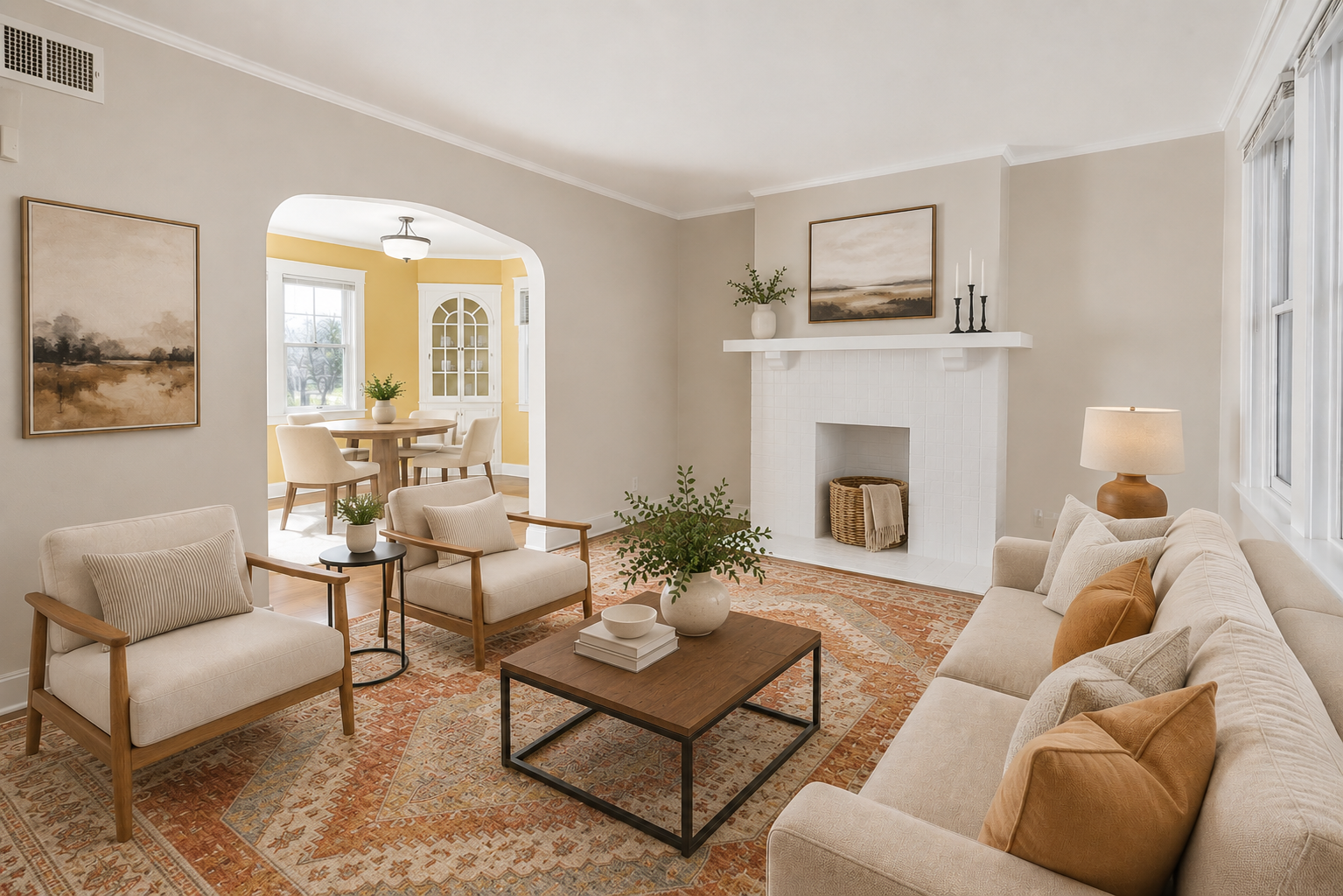 Living room after — warm, cohesive staging with curated art, Turkish rug, and intentional furnishings