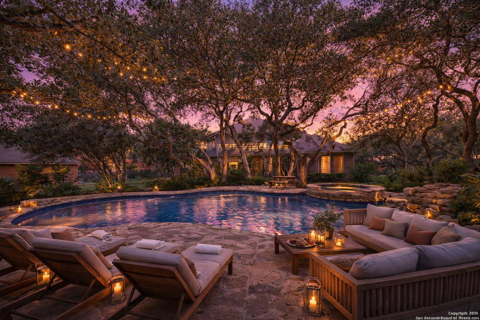 Backyard after — resort-style entertaining retreat with atmosphere, lighting, and gathering moments